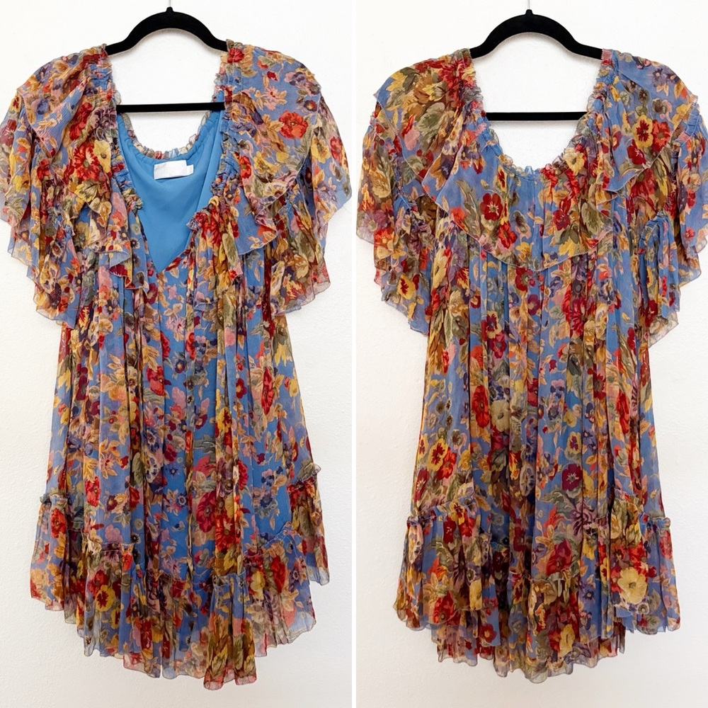 Zimmermann Silk Floral Ruffle Mini Dress Resort Vacation Size 2